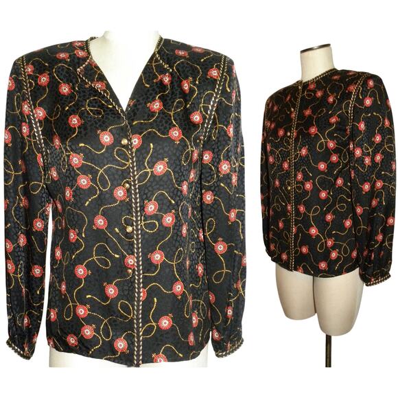 80s Scarf Print SILK Blouse | Fleur-de-Lis Tassel Black Red Gold Pattern | S - Picture 1 of 10